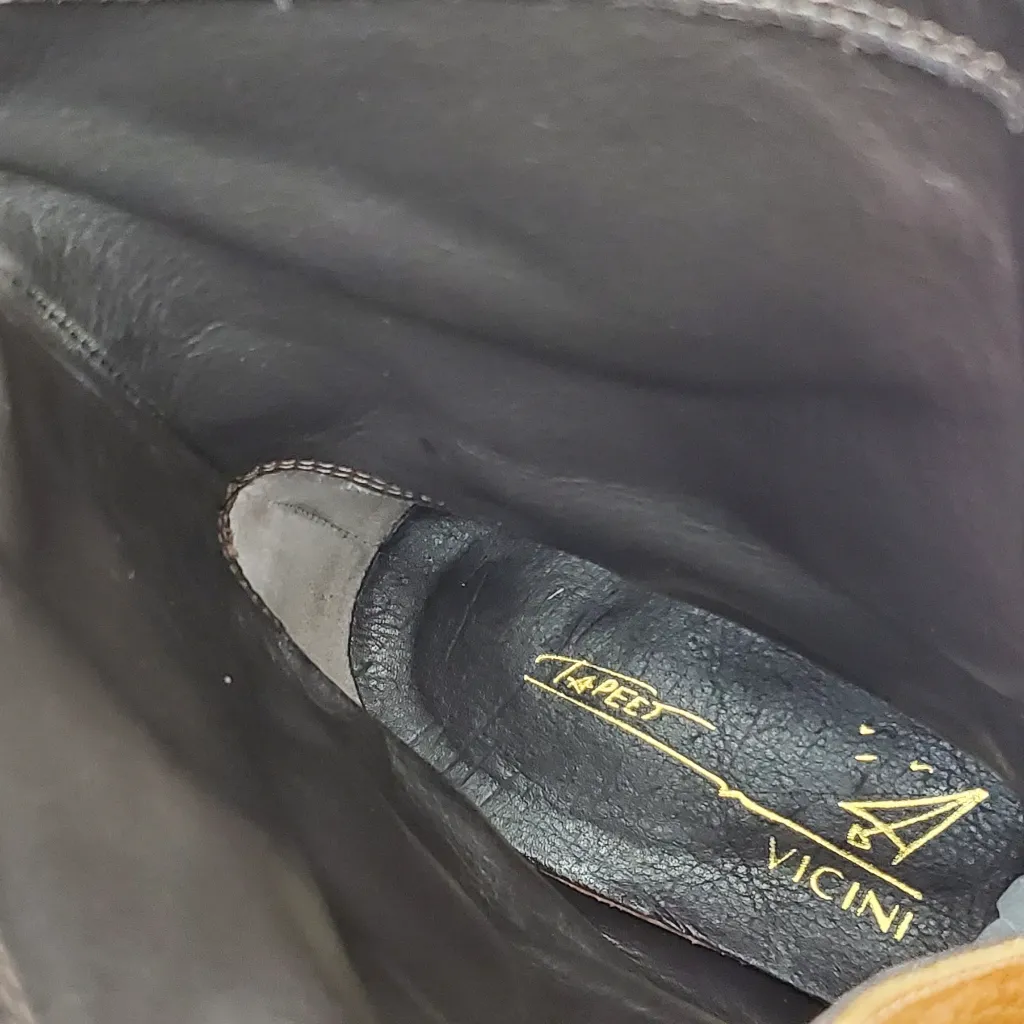 Vicini Tapeet Zipper Tall Leather Boot Front Zip Up Flat Riding Boots Sz 37.5 Brown - Image 9