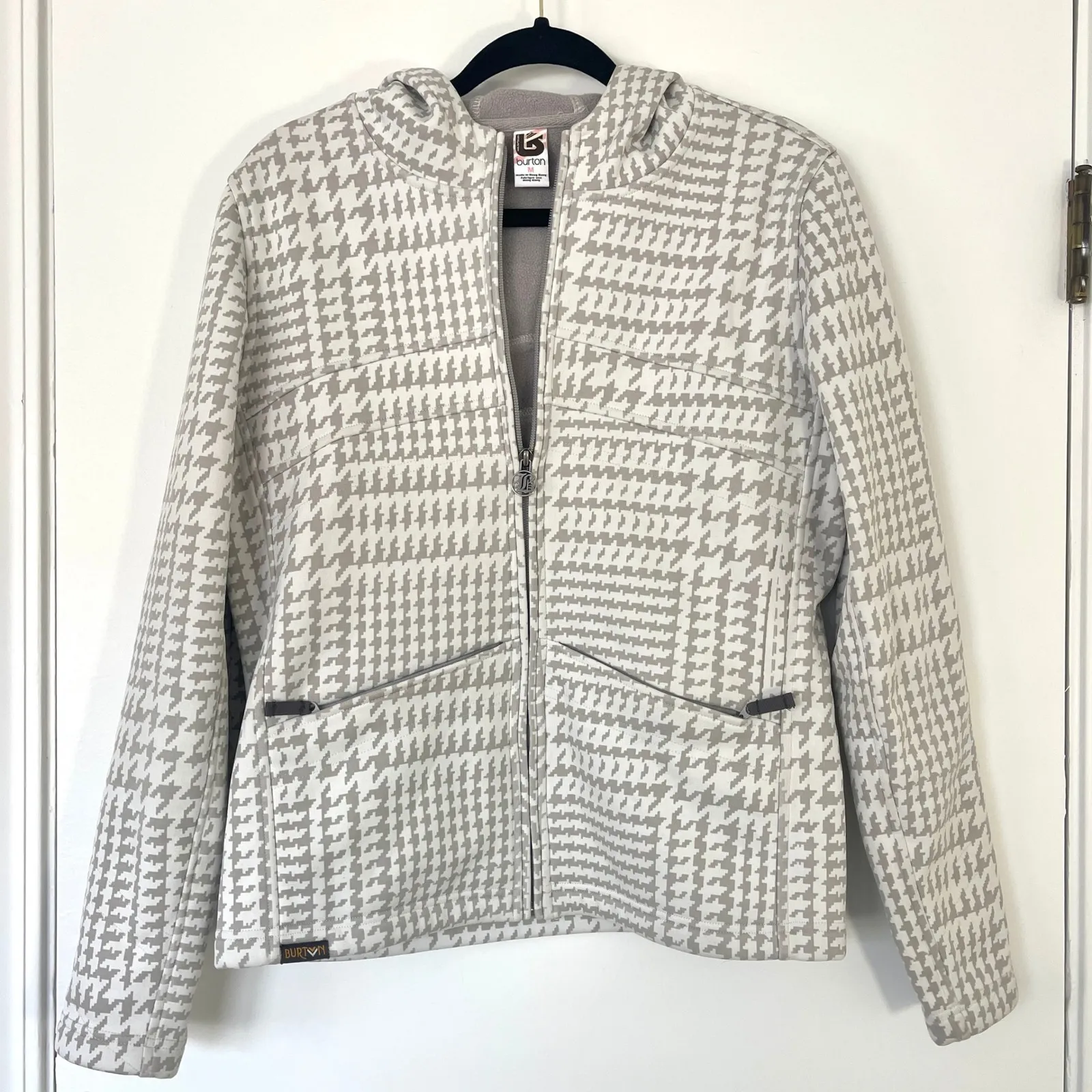 Burton Houndstooth Full Zip Hoodie‎ Ski Jacket Women's Size Medium Grey White - Image 6