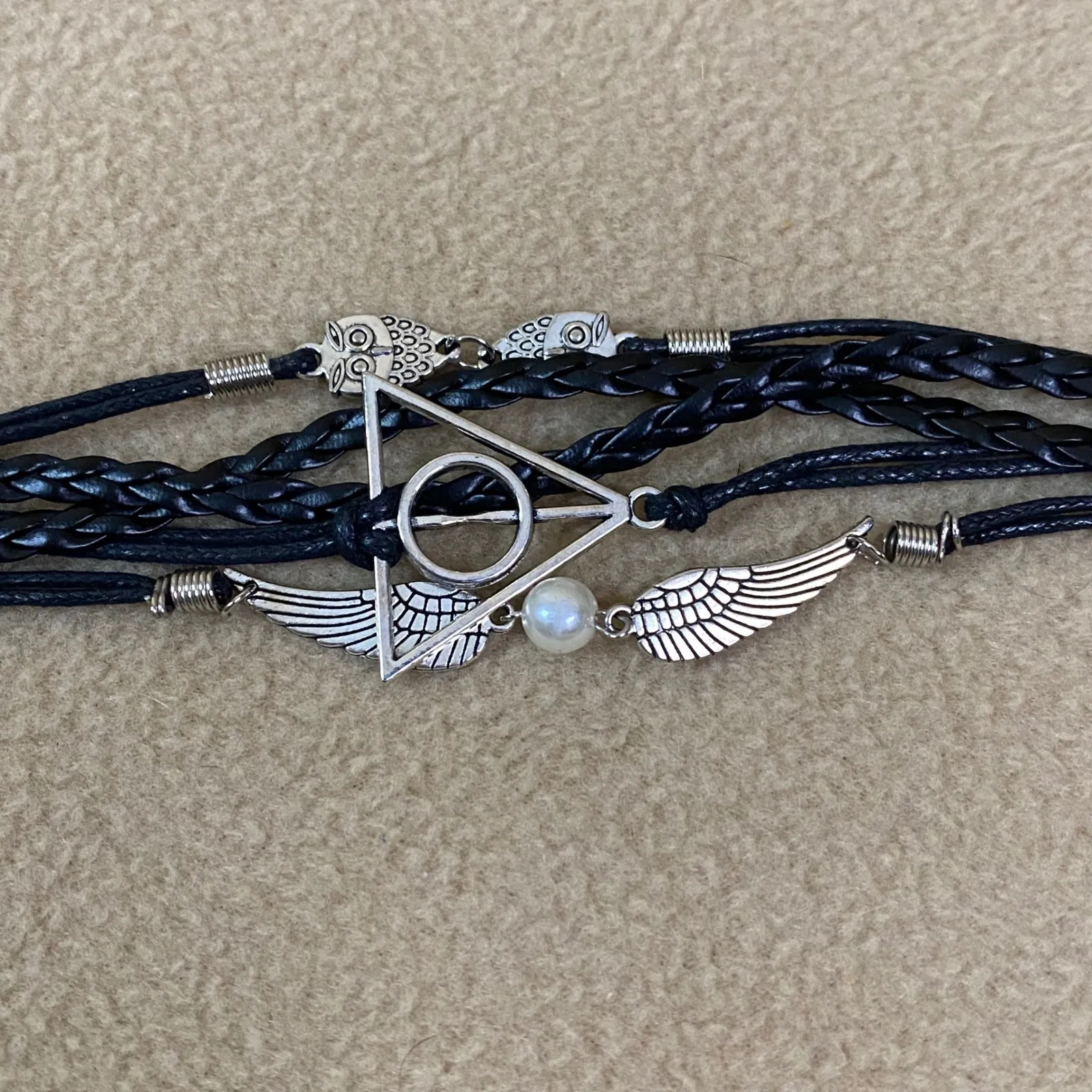 Harry Potter Deathly Hallows Owl Wing Pearl Charm Bracelet Unisex Adjustable 8in Black - Image 8