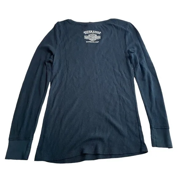 Harley Davidson‎ Y2K studded henley long sleeve Silver Eagle dealership size XL Black - Image 5