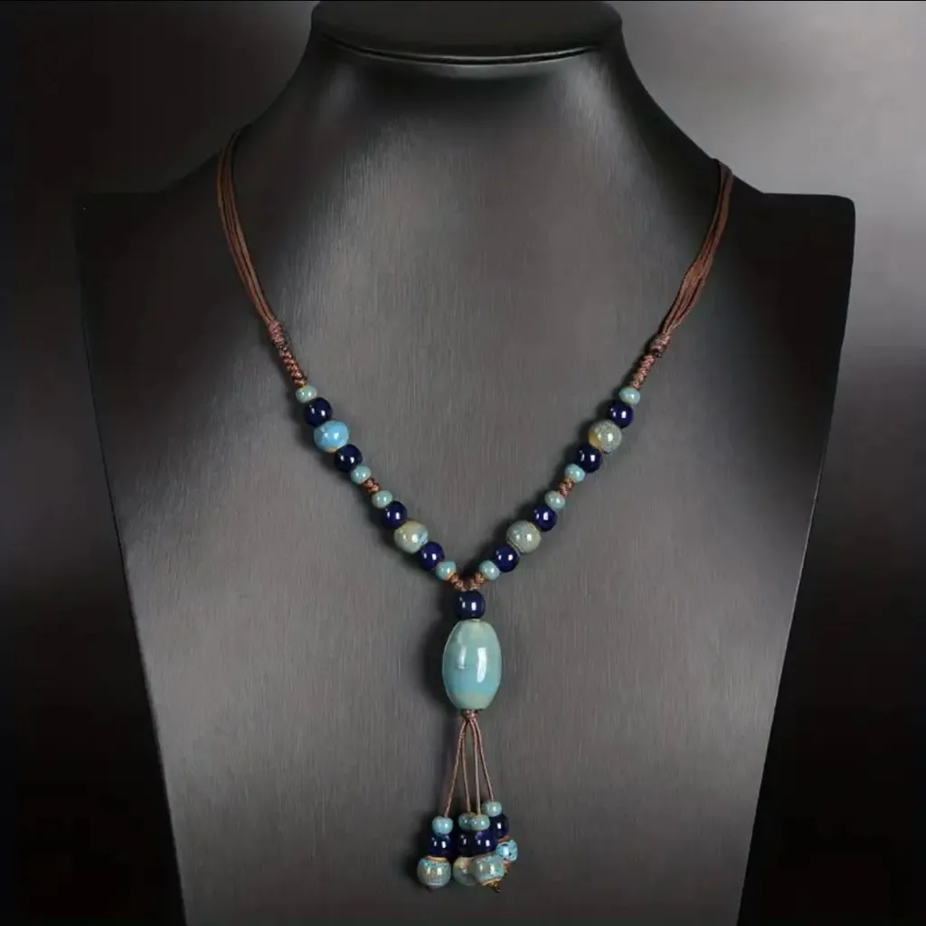 1pc‎ Vintage Ethnic Style Boho Handwoven Ceramic Beaded Adjustable Necklace Brown - Image 3