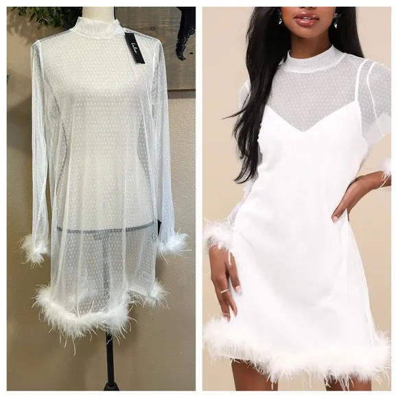 Lulus Immaculate Charisma White Mesh Feather Mini Dress Size Large NWT - Image 2