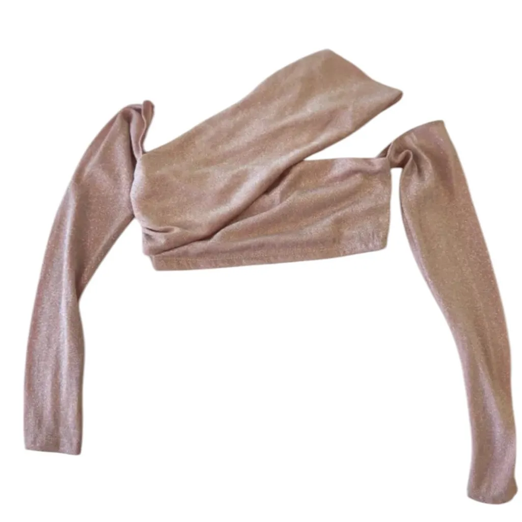 Naked‎ Wardrobe Pink Sparkle Overly Long Sleeve Off the Shoulder Crop Top Size S - Image 3