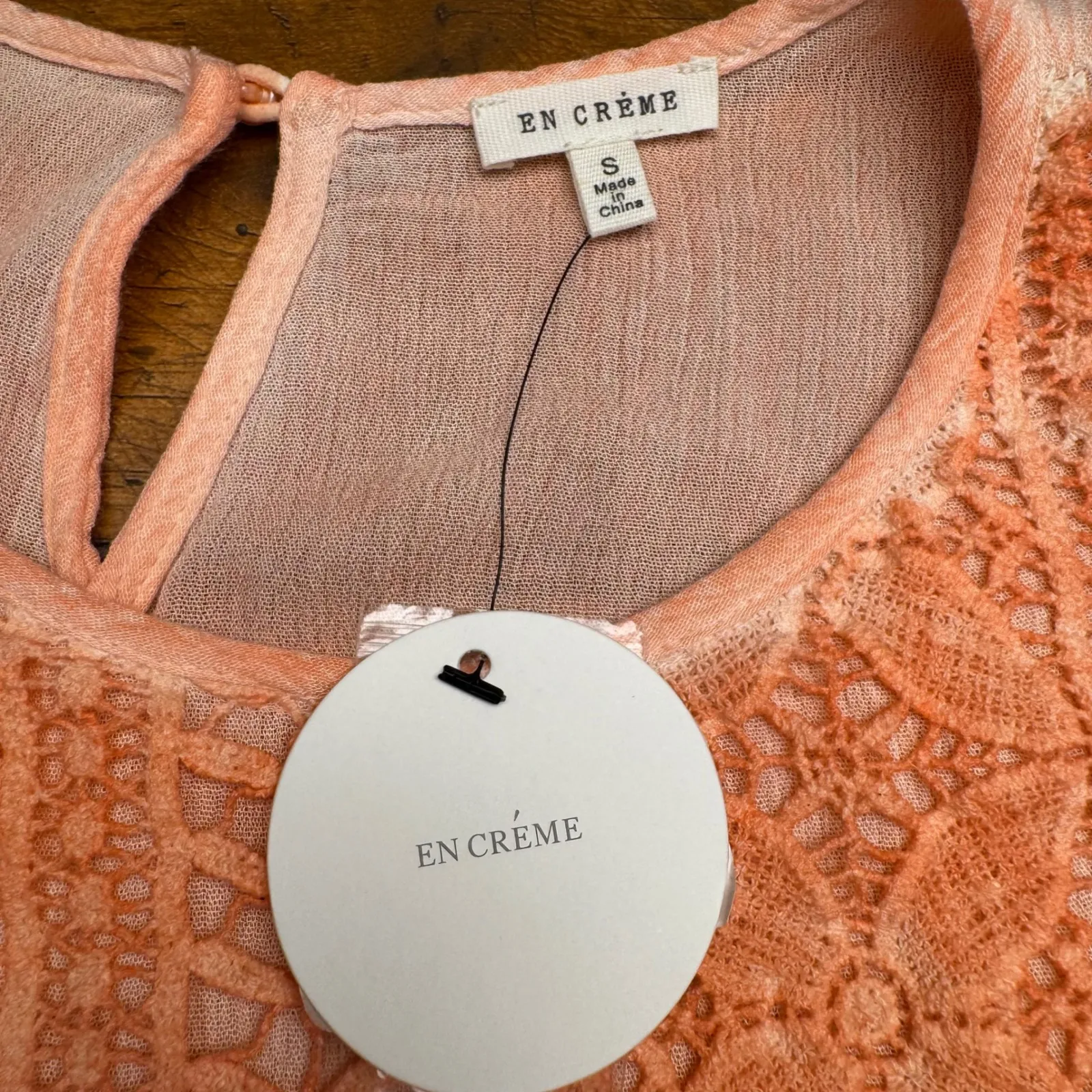 EN CREME Peach Crochet Lace Long Sleeve Sheer Gauze Blouse Top Women S‎ Orange - Image 2