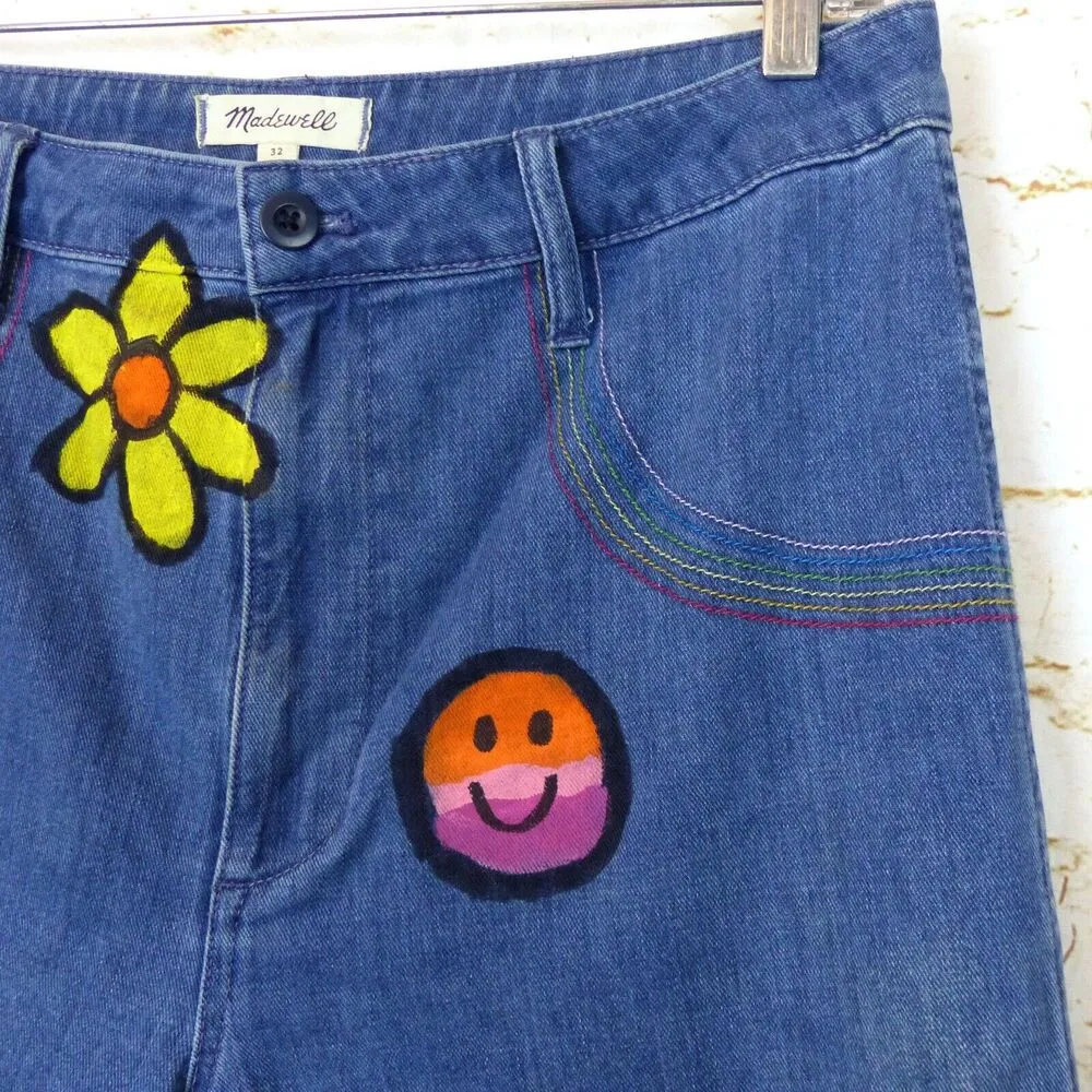 Madewell Emmett Wide Leg Crop Jean Women 32 DIY Floral Face Paint Rainbow Stitch - Image 7