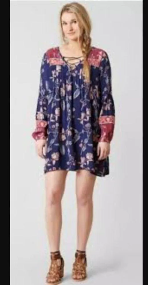 Billabong | Blue and Purple Long Sleeve Dress Lace Up Neck Size Medium - Image 2