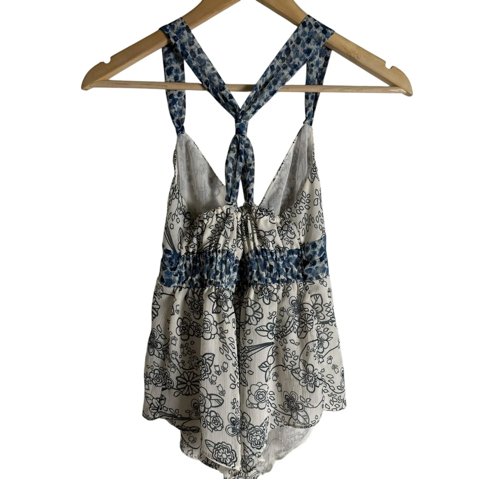 Abercrombie Y2K White Blue Floral Print Twist Back Babydoll Boho Tank Top XS - Image 5