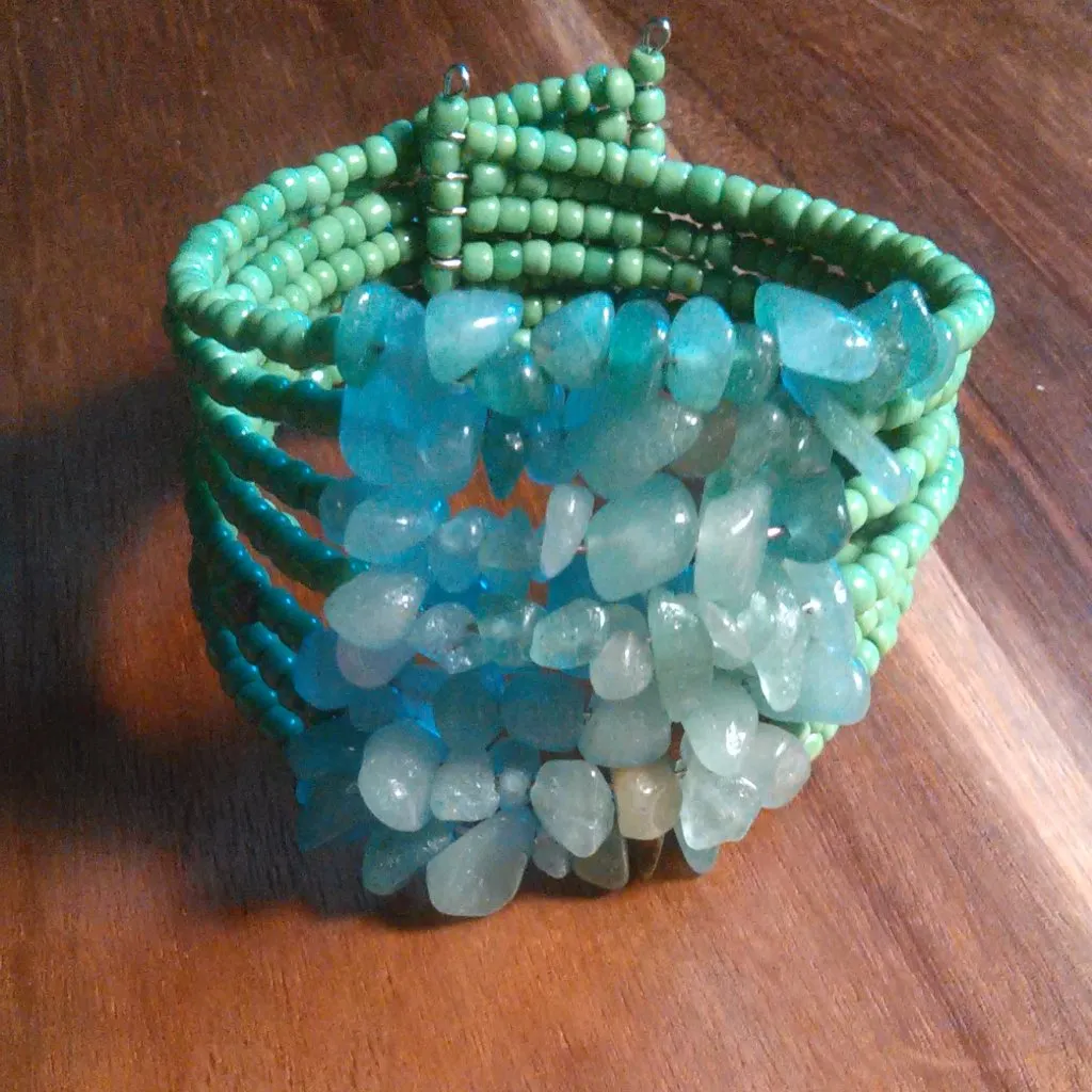 Green Seed Bead and Green Stone Cuff Bracelet - Image 5