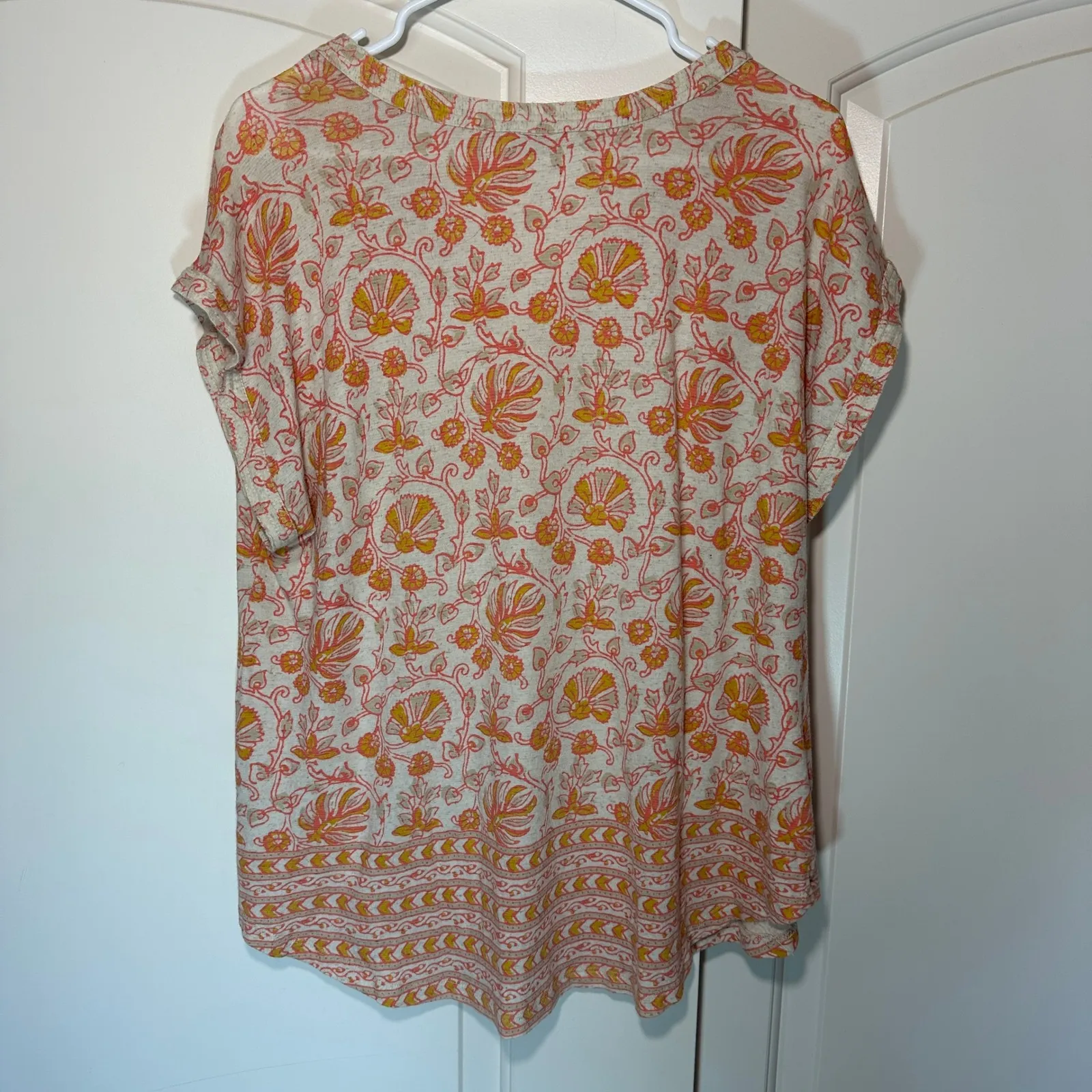 Lucky Brand Womens‎ 1X Floral V Neck Short Sleeve T-Shirt Boho Pink Orange Beige - Image 4