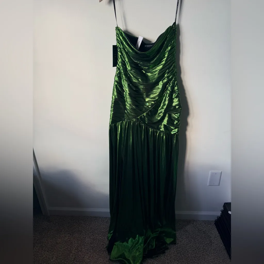NWT Retrofete Josie Strapless Ruched Draped Metallic Lame Green Maxi Dress Sz S - Image 5