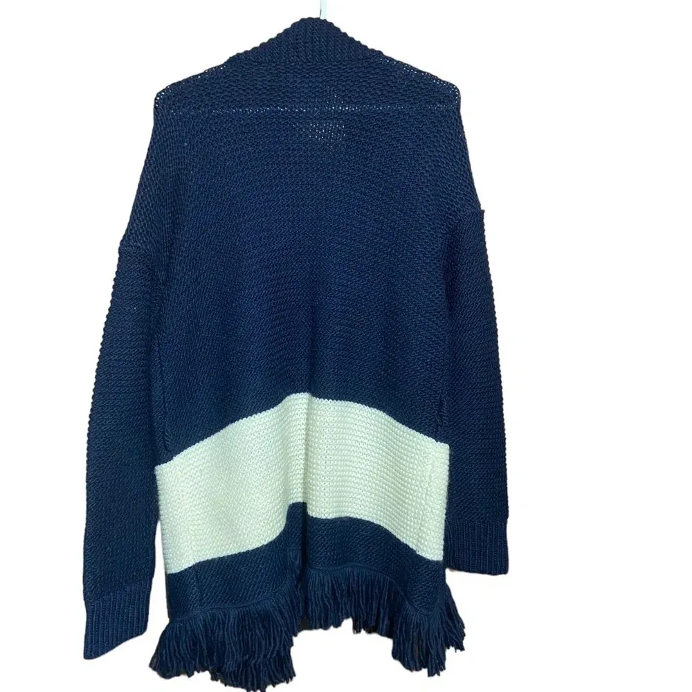 LOFT Blue White Striped W/ Fringe Accent‎ Knit Open Cardigan Sweater Size Medium - Image 2