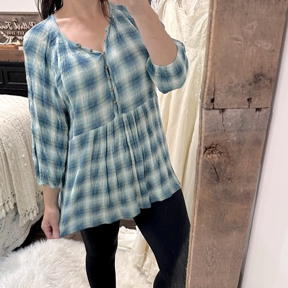 Maeve Blue Plaid babydoll Blouse see size medium - Image 5