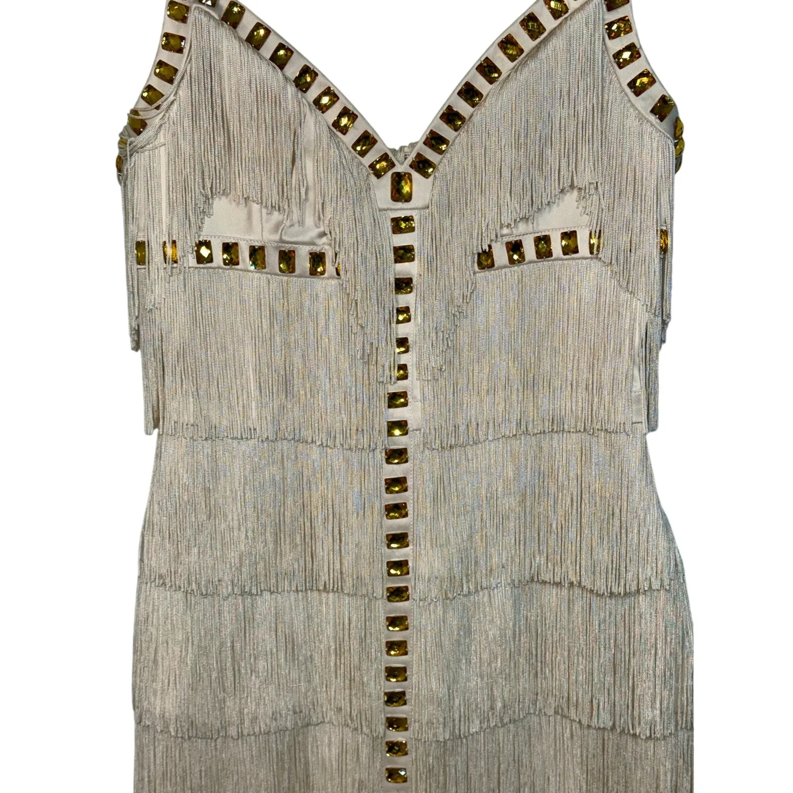 NWT Mandalay Cream Ivory Gold Beaded Fringe Midi Evening Cocktail Dress Womens 2 - Image 3