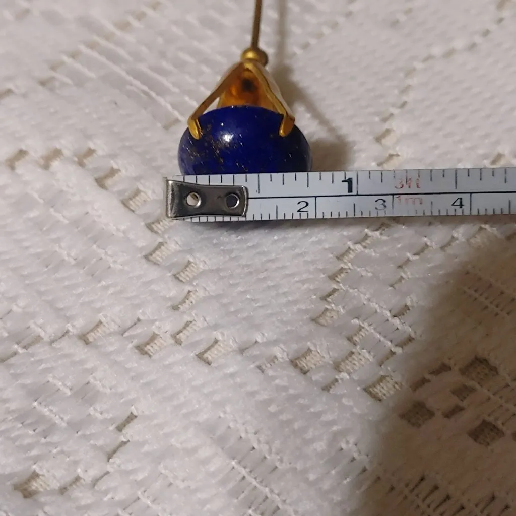 Long Hat Dress Pin Vintage Brass Blue Lapis Glass Bead Gold Tone Straight Dome - Image 3