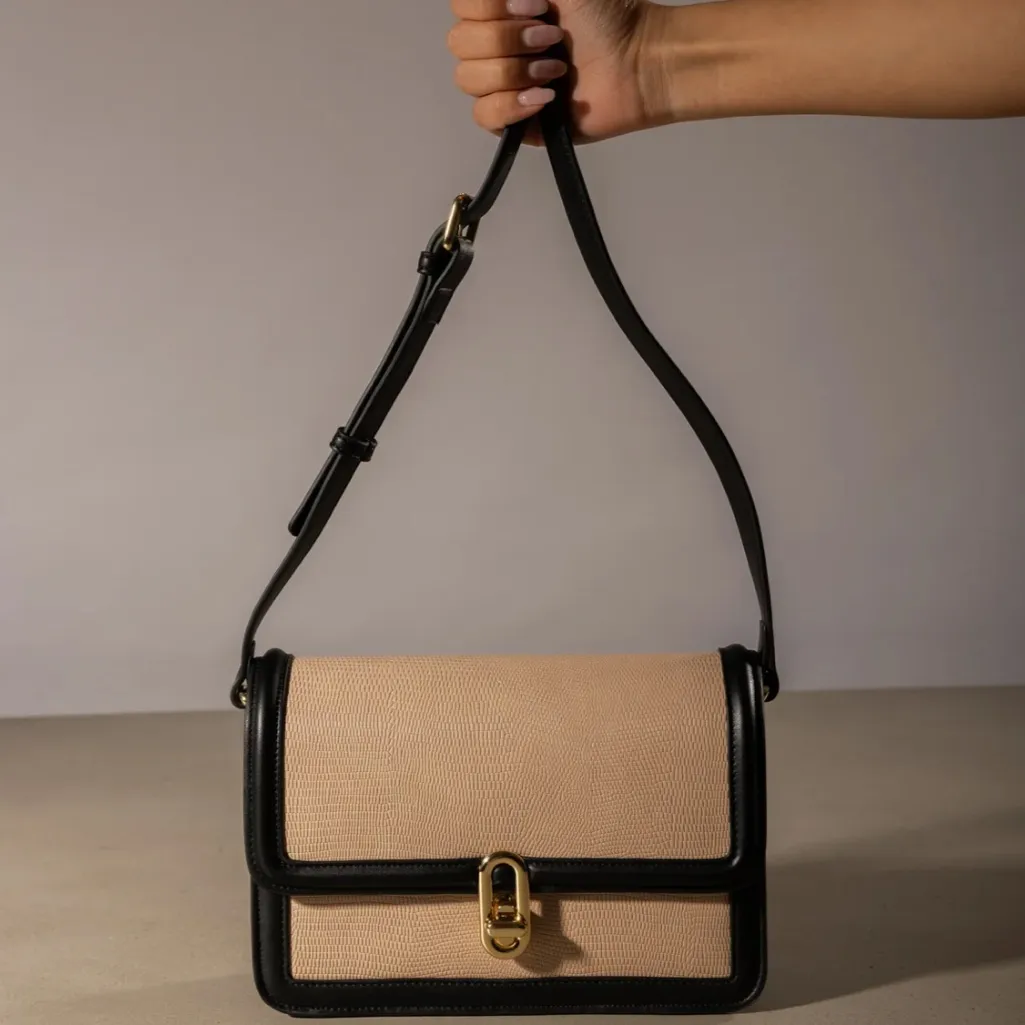 JULES KAE Black & Beige Faux Leather Crossbody Bag - Image 6