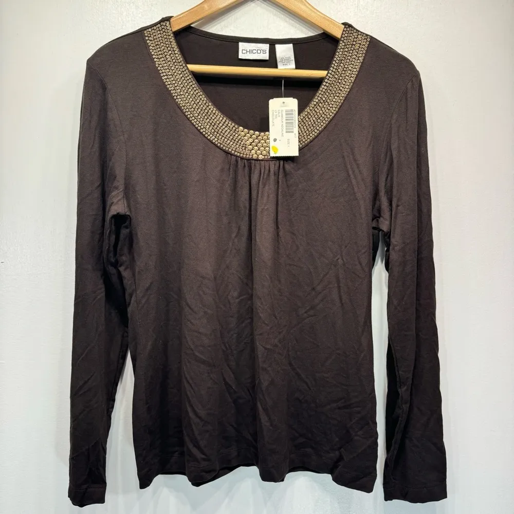 Chico’s Glamour Neckline Calix Tee Chocolate Brown Long Sleeve Sequined V Neck - Image 2