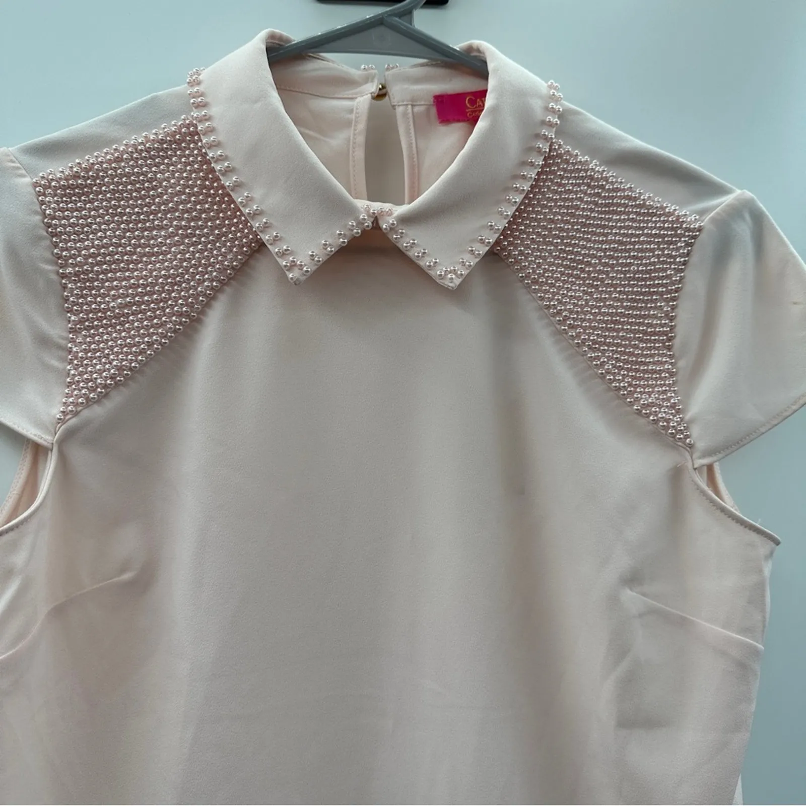 Catherine Malandrino Light Pink Collared Bead Embellishment Short Sleeve Top XS - Image 2