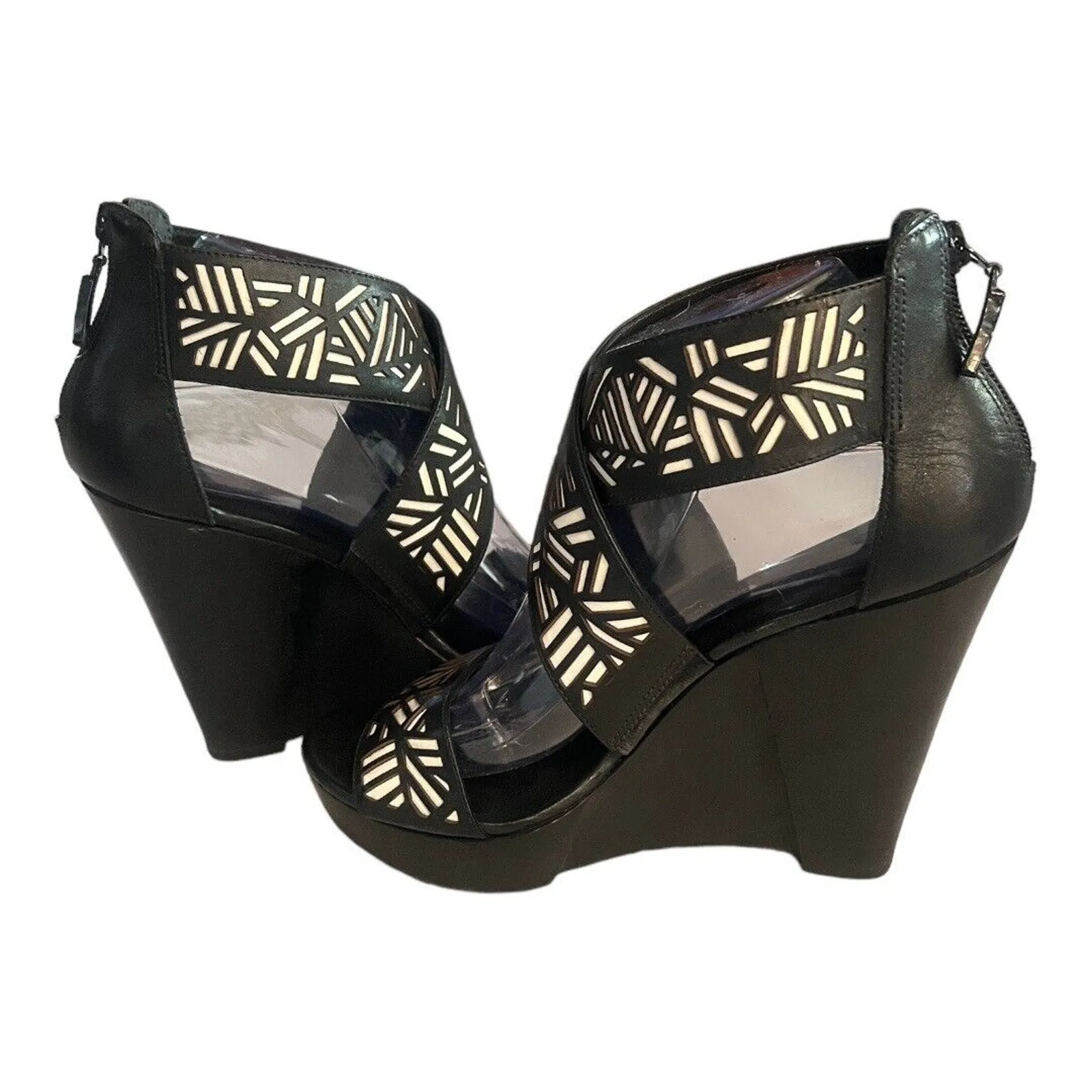 Diane Von Furstenberg‎ Shoes Women 7.5 M Black White Geometric Wedge Sandals Zip - Image 6