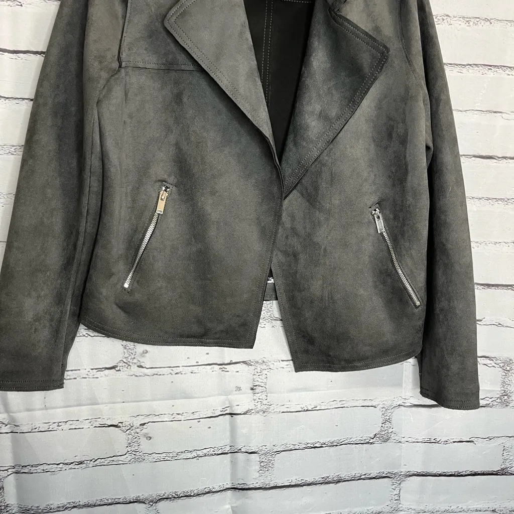 Tahari Faux Leather Biker Moto Jacket Charcoal Grey Relaxed Zip Pockets M Lined - Image 4