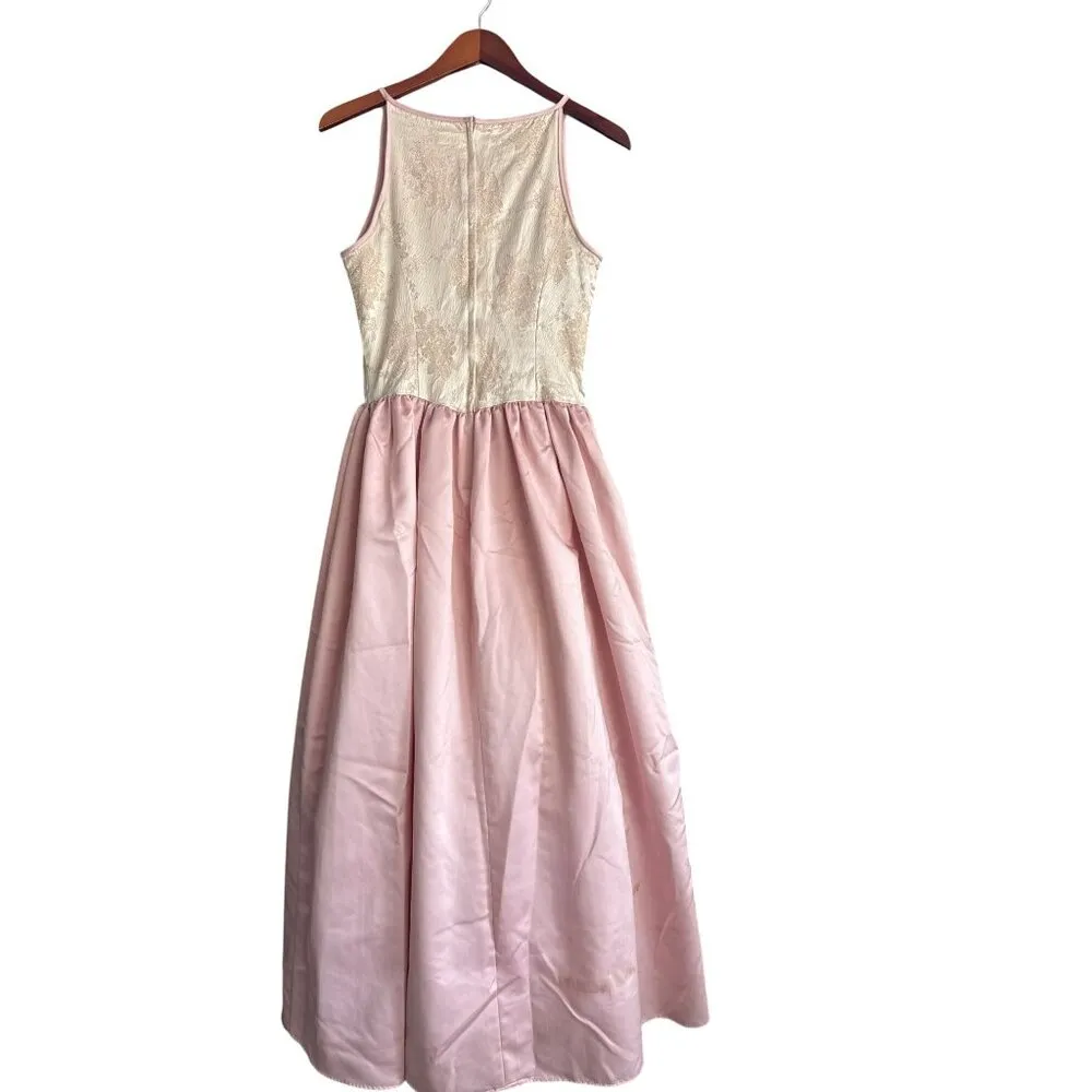 Vintage Jessica McClintock Gunne Sax 9 /10 Pink Formal Gown Gold Brocade Satin - Image 6