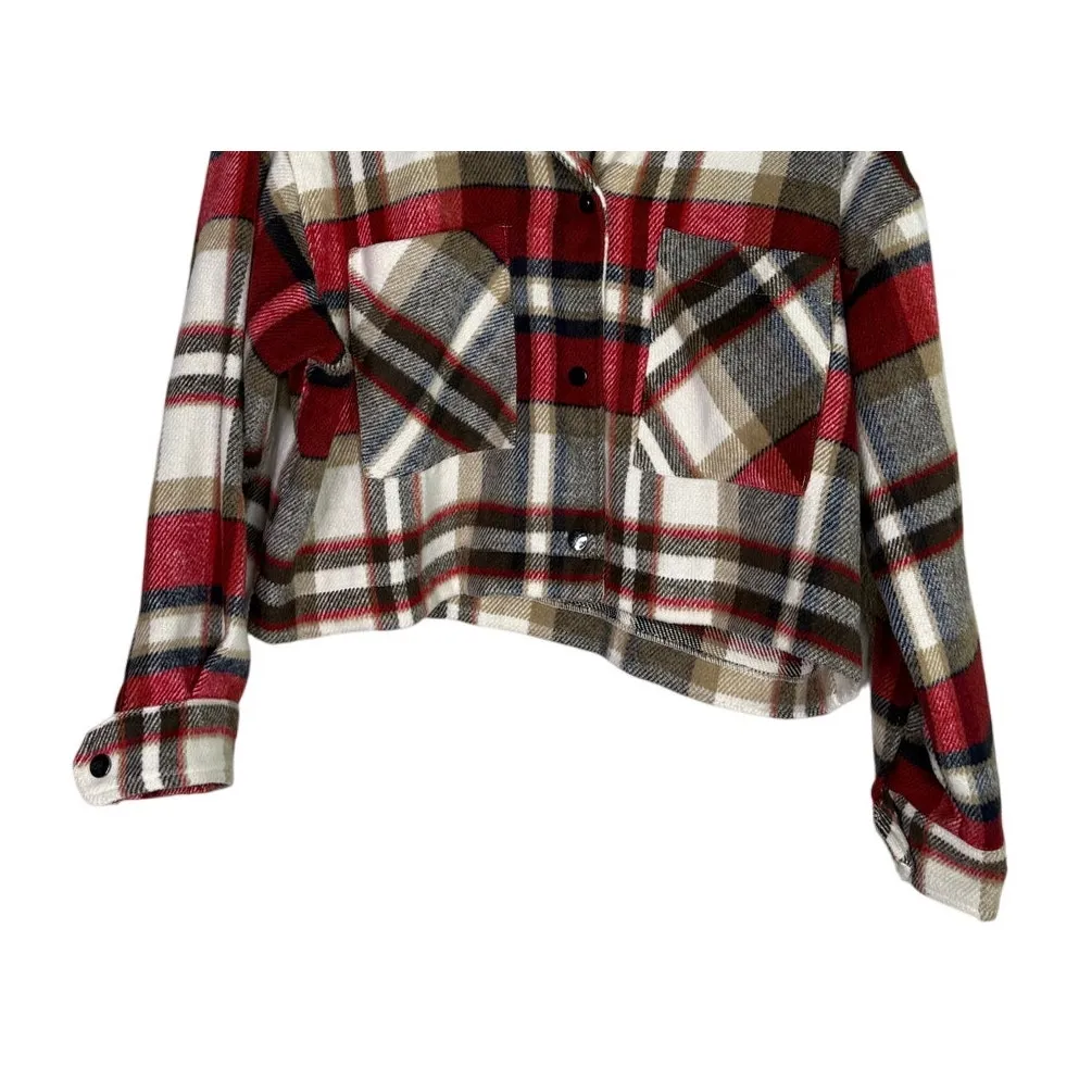 ZARA Cropped Oversized Plaid Shacket Jacket Button Down Pockets XS Red White - Image 3
