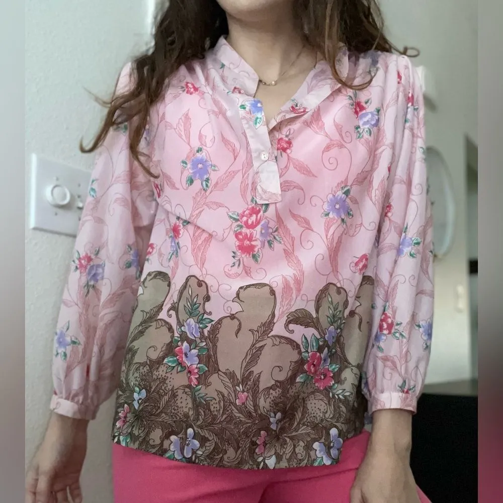 Vintage‎ 70s Pink Whimsical Floral Art Deco Blouse Size Medium Pink Brown Birds - Image 4