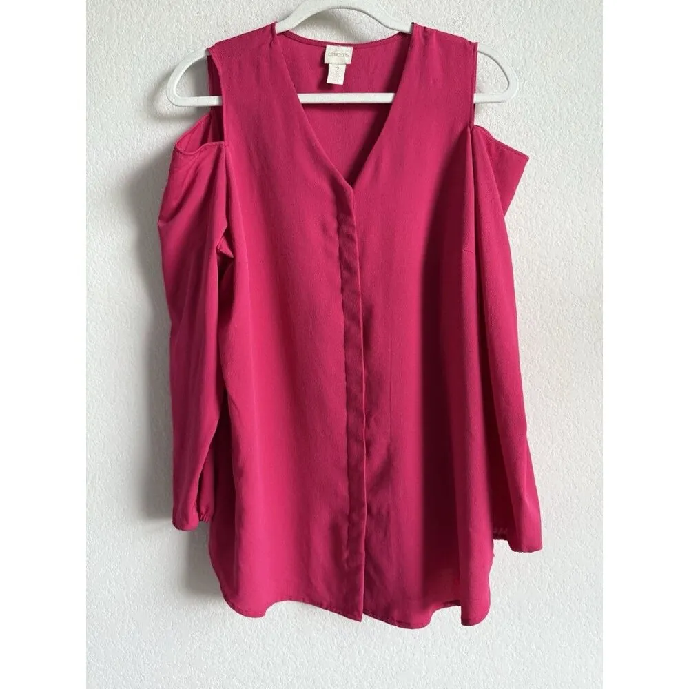 CHICO'S Women’s Size 2 (M) Cold‎ Shoulder Button Front Top Blouse Raspberry Rush - Image 5