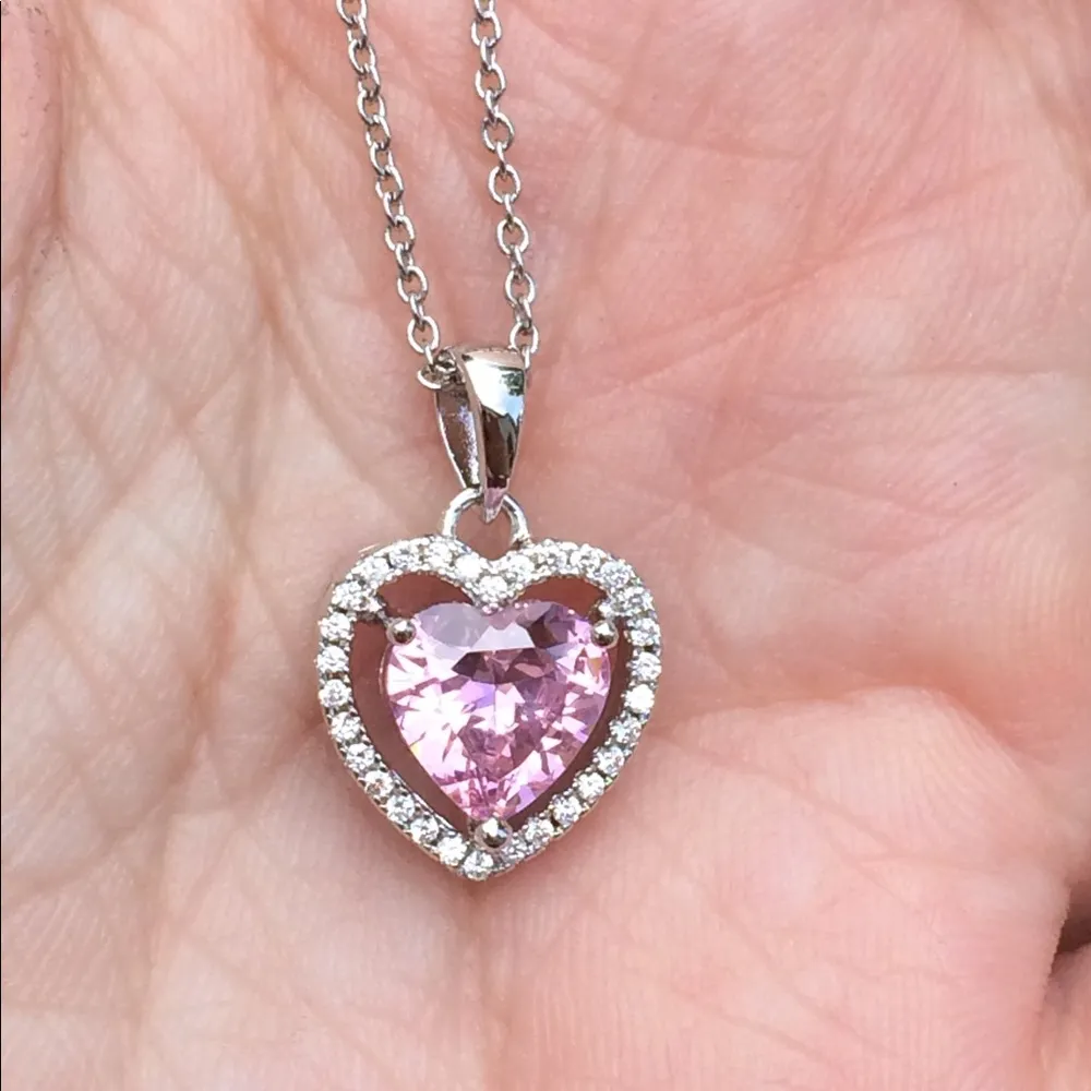 Rhodium Plated Pink CZ Heart Halo Pendant Necklace - Image 2