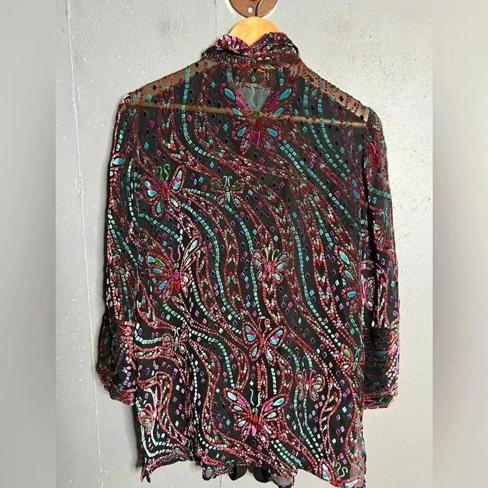 Bob Mackie Vintage Wearable Art Silk Blouse Tunic Butterfly Burnout Velour - Image 2