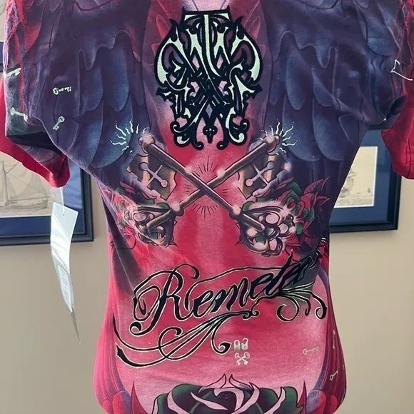 Remetee City of Angels V Neck Tee Skull Skeleton‎ Keys Roses Size… Black - Image 7