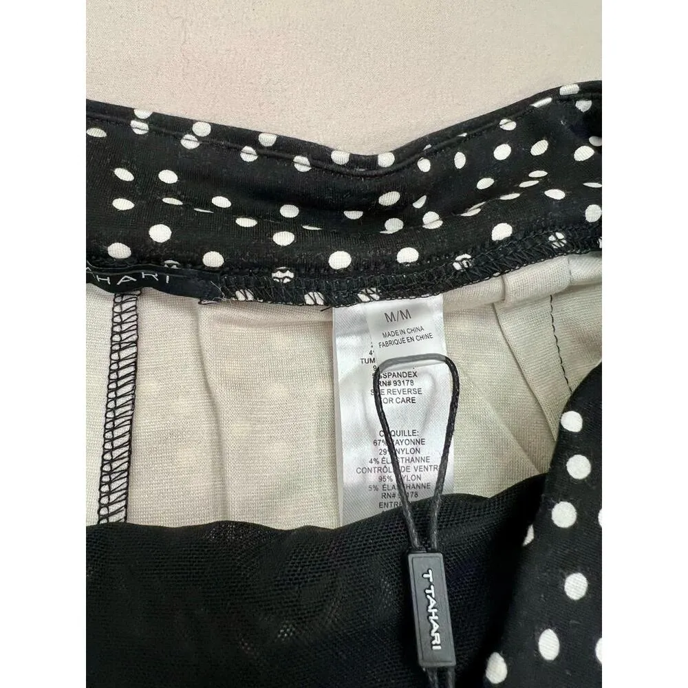 T TAHARI Midi Pencil Skirt Size M Black White Polka Dot Slit Leg Tummy Control - Image 8