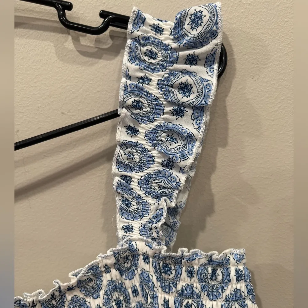 As U Wish Blue and White Chinoiserie Smocked Ruffle Sleeve Tiered Midi Dress - Image 5