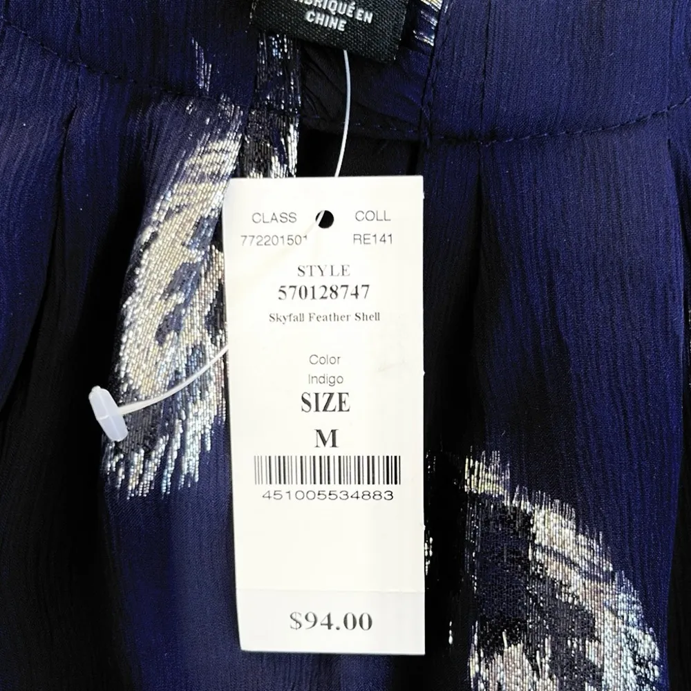 NWT White House Black Market Skyfall Feather Silk Blend Top Navy Silver Medium - Image 3