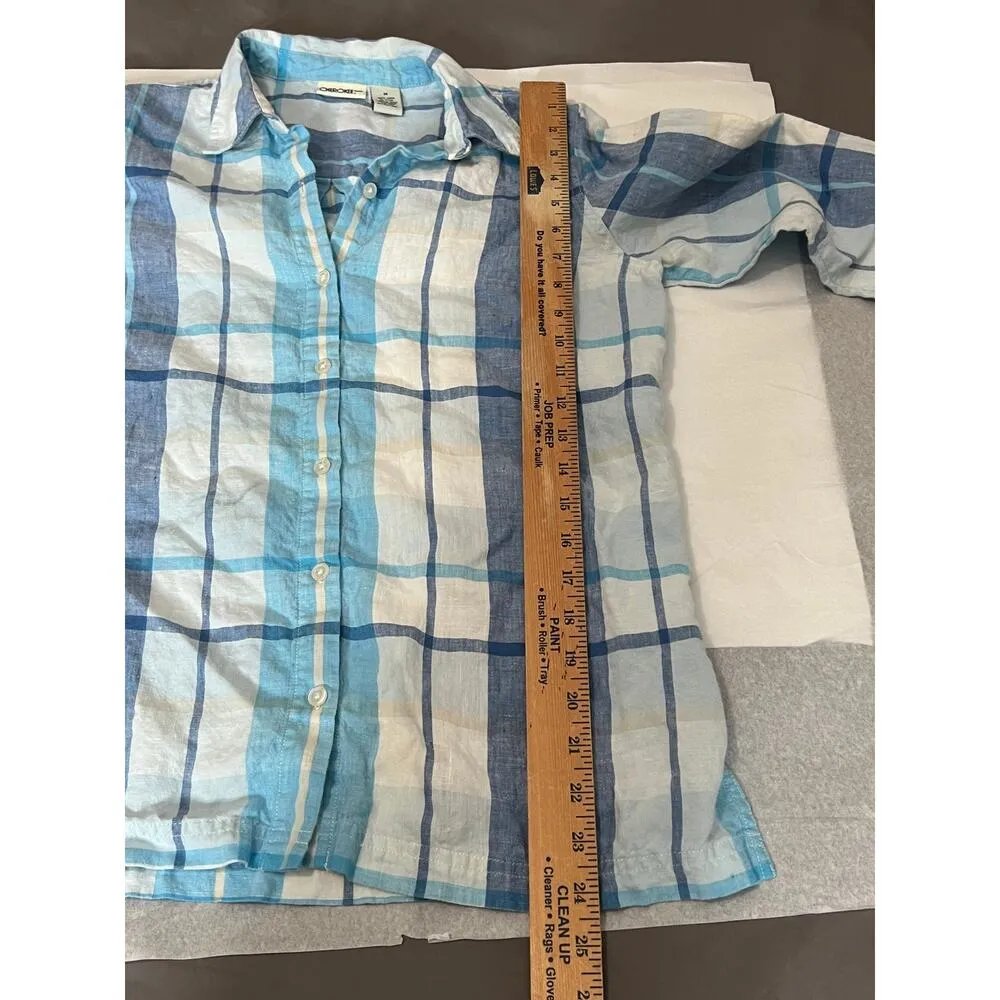 Vintage Cherokee womens size M linen shirt  ble/white button-up office wear - Image 4