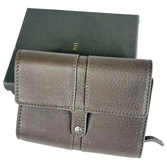 NEW Italian Leather Tri Fold WALLET Pen Holder Cord Keeper Gray Brown RH In Box - Image 1