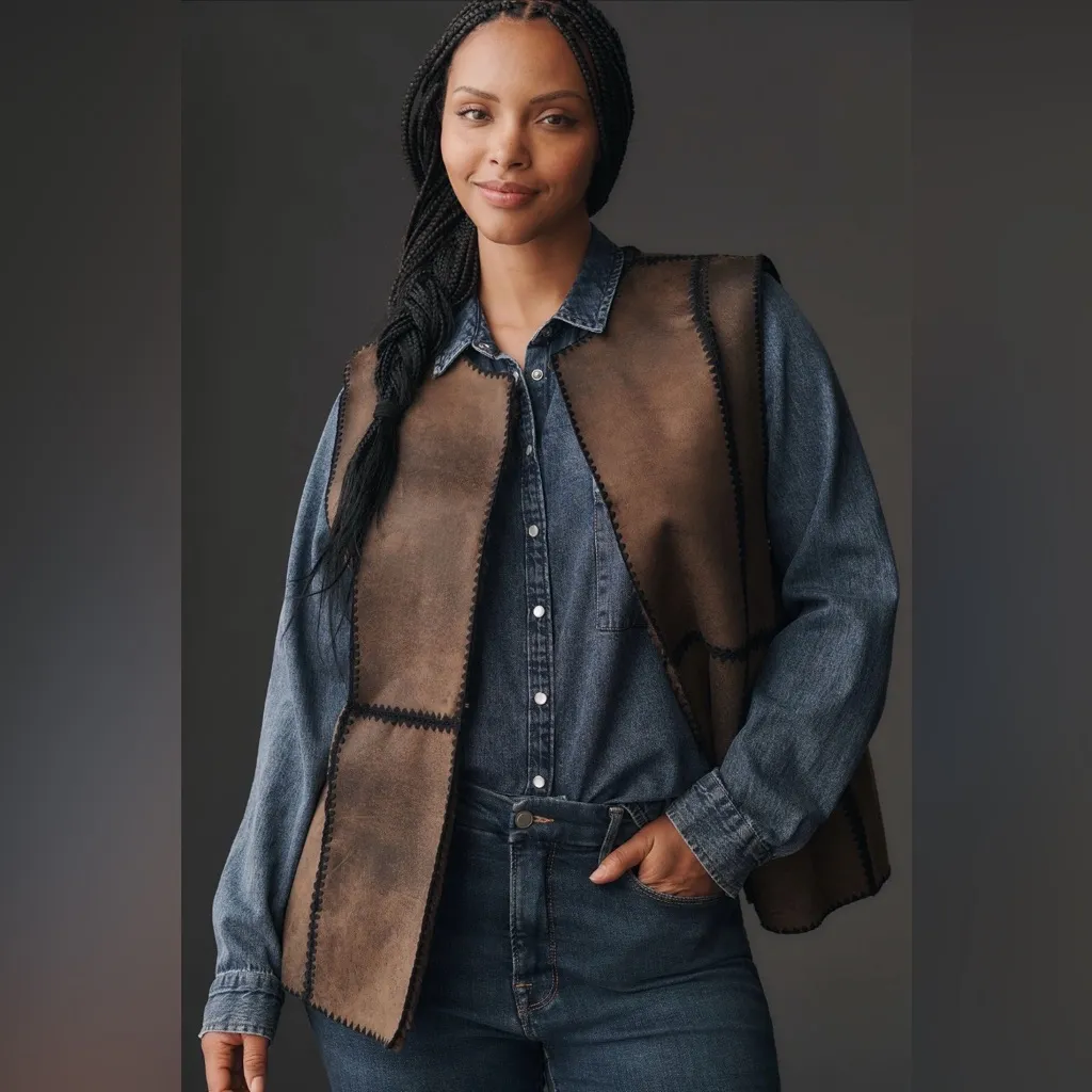 By Anthropologie Stitched Sherpa Fleece Vest Brown XS - Image 6