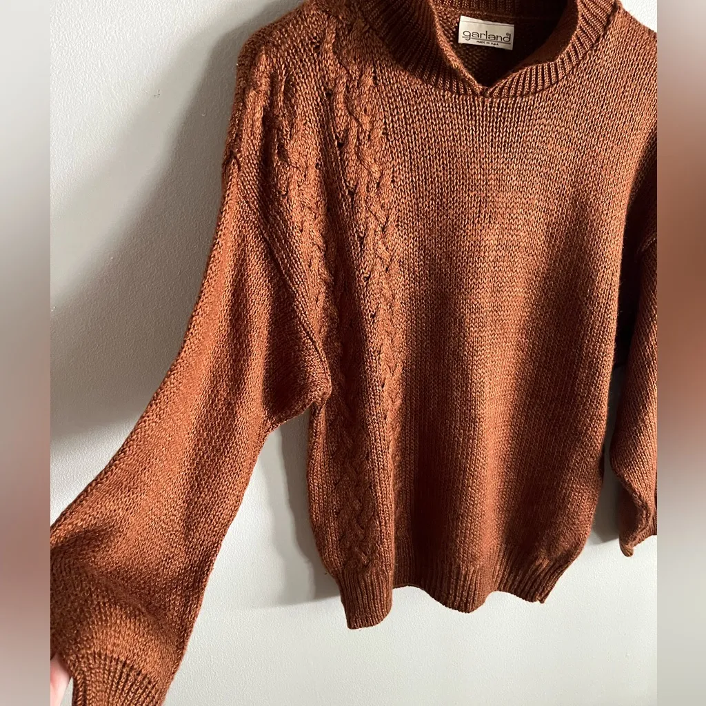 Vintage Garland USA Cable Knit Sweater Brown Mock Neck M L 70s 80s Cozy Fall Size M - Image 4
