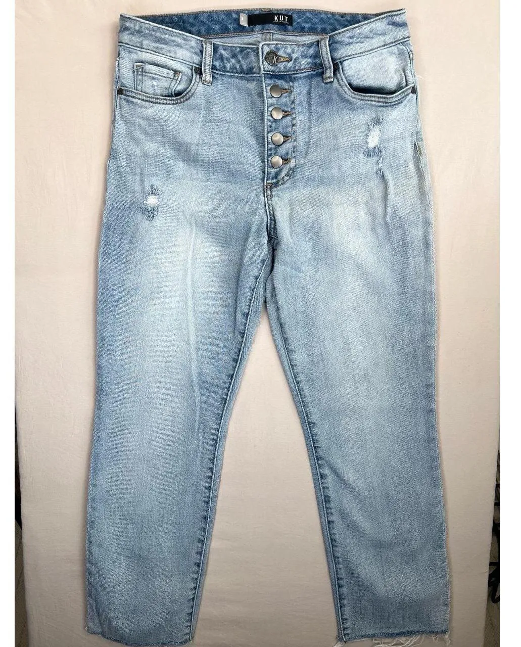 KUT From The Kloth Reese Jeans Sz 8 Light Wash High Waist Distressed Button Fly - Image 2