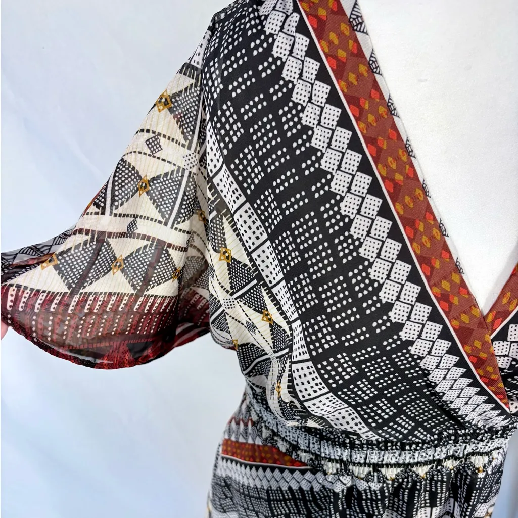 Chris McLaughlin Mixed Geometric Print Handkerchief Hem Midi Dress – Size 14💛 Brown - Image 3