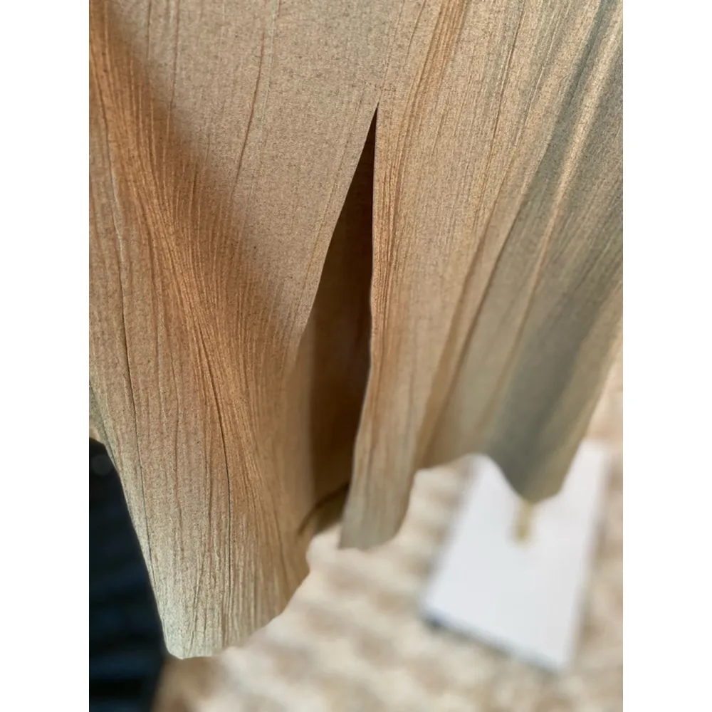 Vintage Koret Textured Midi Skirt Muted Taupe Green Classy Preppy Side Slit Boho Size 14 - Image 4