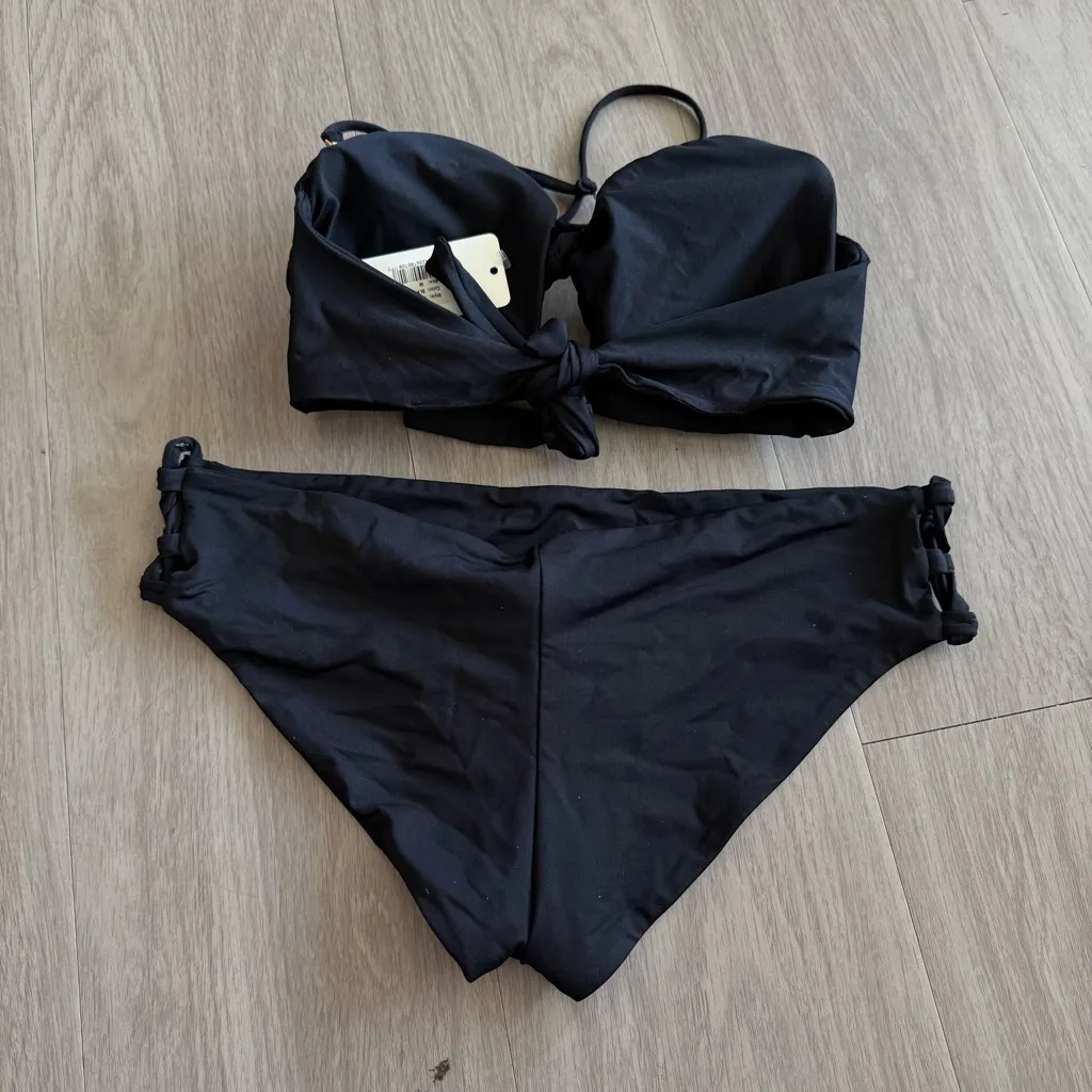 L*Space by Monica Wise Black Bandeau Bikini Set Tie Front - Image 7