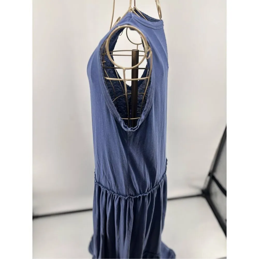AERIE Tiered Blue Maxi Dress Raw Hem Women’s Size Large Sleeveless 60% Cotton - Image 8