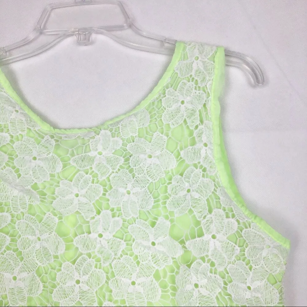 Y2K Vintage JULYS Womens Top Medium Lime Chiffon Floral Lace Cropped Beachy Green - Image 6
