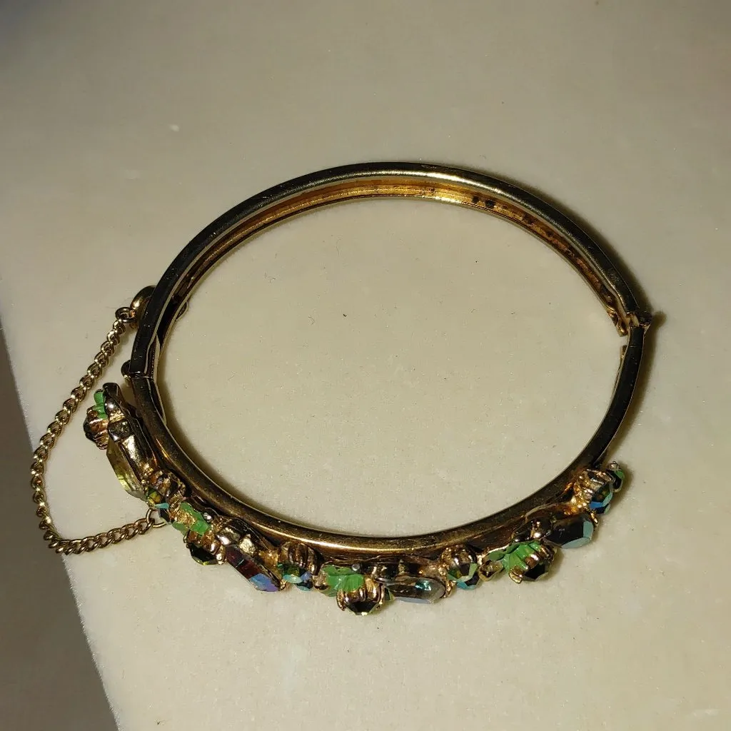 Florenza Bangle Hinge Bracelet Yellow Gold Tone Vintage Green AB Rhinestones - Image 5