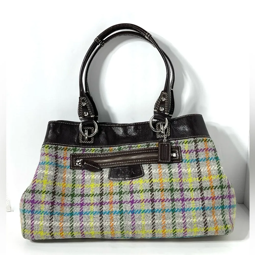 Coach Penelope Tattersall Colorful Plaid Wool Shoulder Bag Purse - Image 3