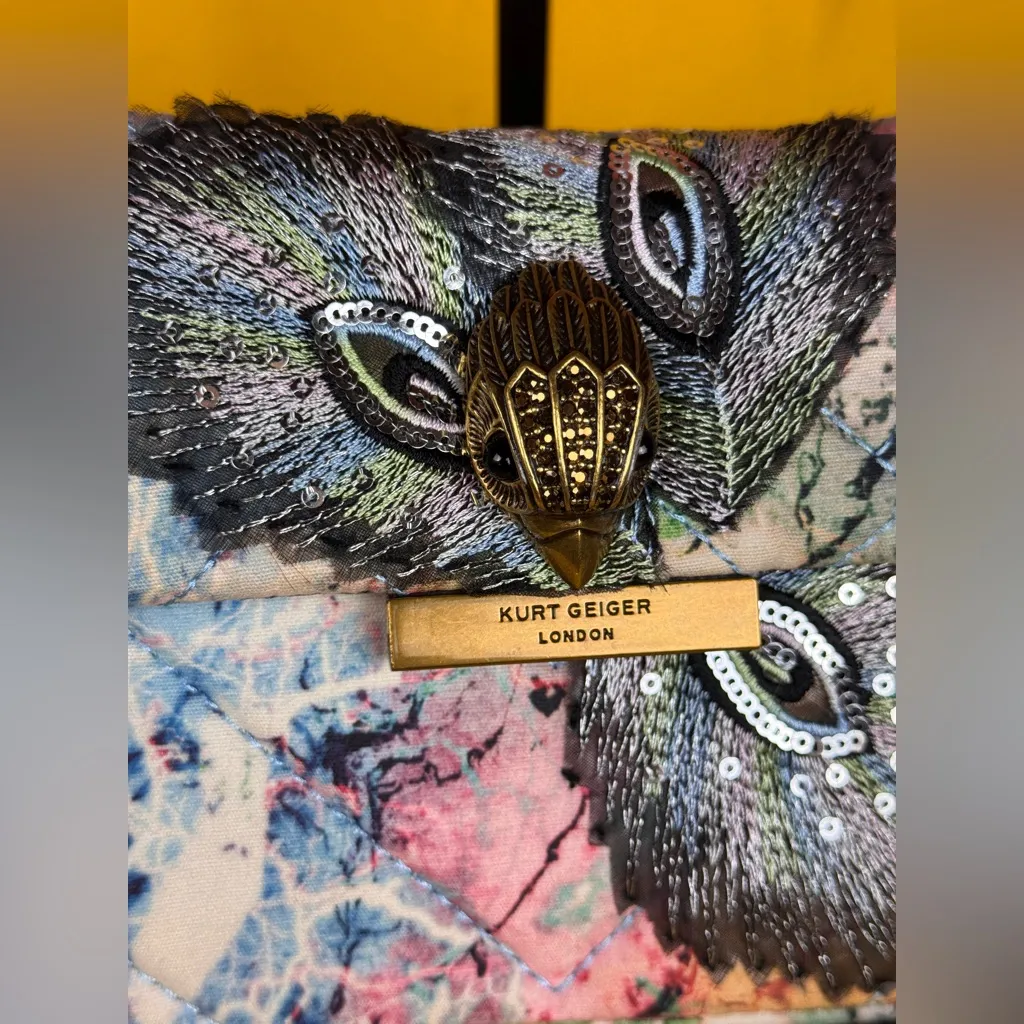 KURT GEIGER LONDONMini Fabric Kensington Bag Crossbody Peacock Bird Purse Gold - Image 4