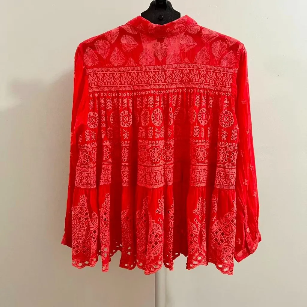 $350 NWOT Johnny Was Desi Embroidered Floral Red Eyelet Button Shirt Blouse Sz L - Image 4