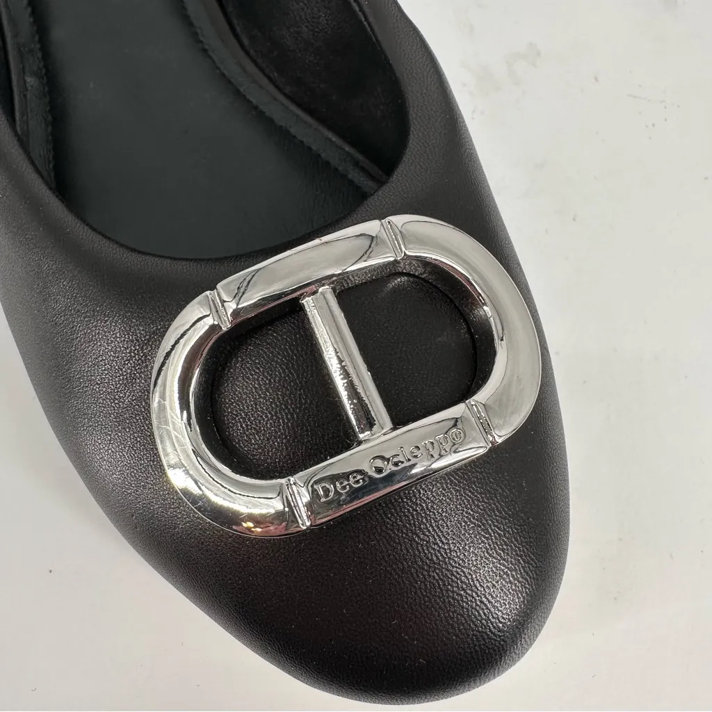 Dee Ocleppo Prague Embellished Flats in Black size 8 Silver Logo Buckle Leather - Image 4