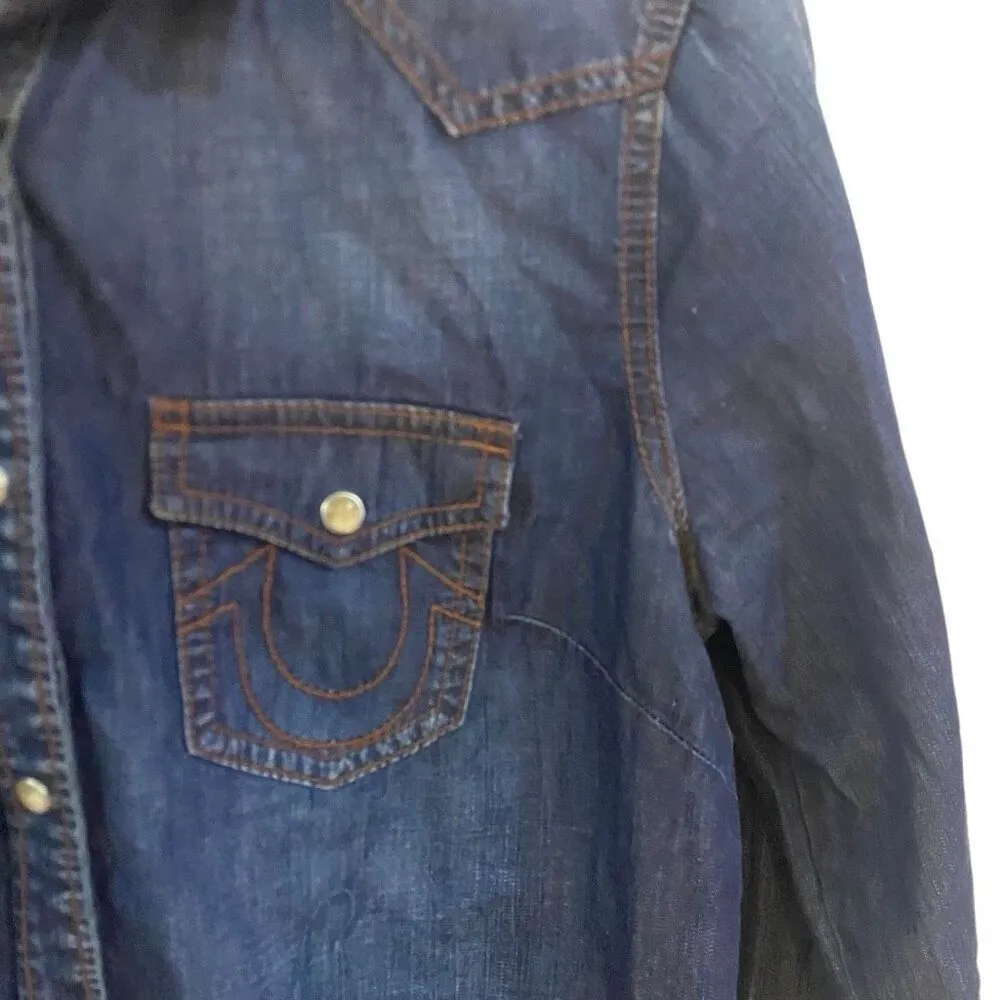 True Religion pearl snap button down jean shirt small - Image 4