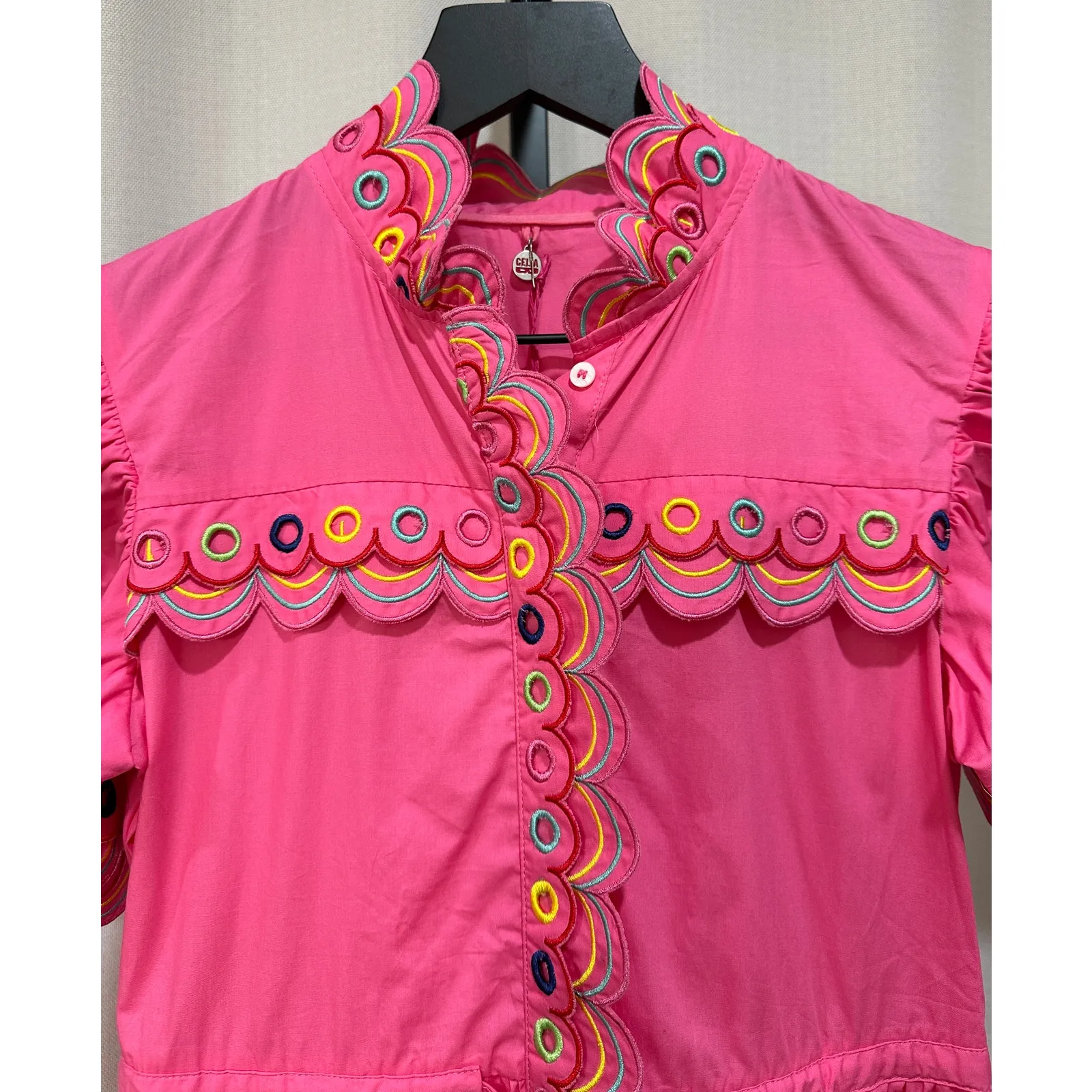 Celia B Alvis Embroidered Tiered Midi Dress Fuchsia Size XS NWT Colorful Scallop Pink - Image 4